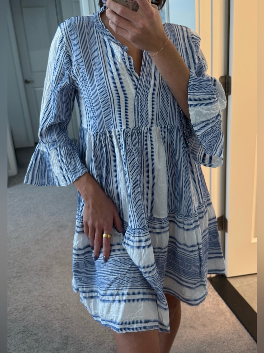 BOUGHT IN GREECE 🇬🇷 Blue and White Striped Tiered Tunic Dress (size: S/M)